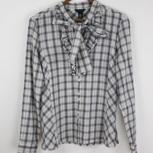 NWOT. Tie-Neck Plaid Ruffle Front Blouse. Medium.